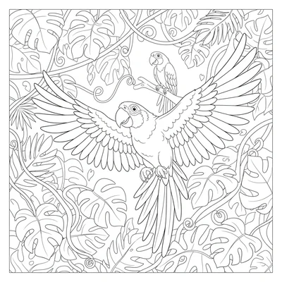 A colorful parrot flying through a jungle canopy, its wide wings fully spread coloring page