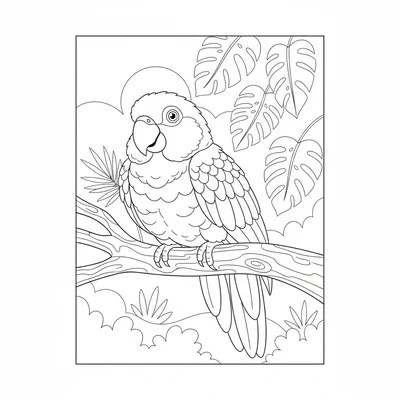 A colorful parrot perched on a thick wooden branch, its feathers puffed out coloring page