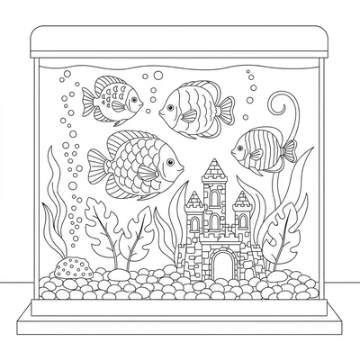 A colorful tropical fish tank with three different round fish swimming among coloring page