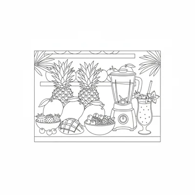 A colorful tropical smoothie bar with rows of bright fruit on a counter coloring page