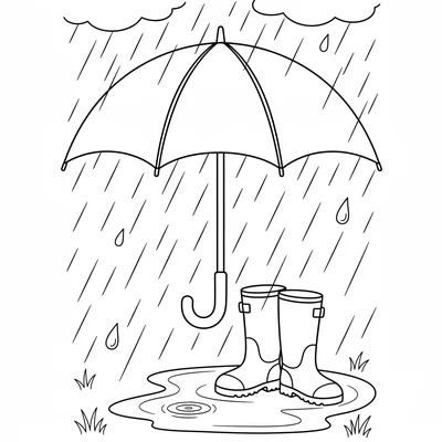 A colorful umbrella open in the rain, its dome above with four colored coloring page