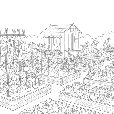 A community vegetable garden with individual raised bed plots each growing coloring page
