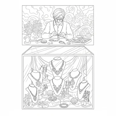 A coral reef jewelry collection spread in a display case, necklaces coloring page