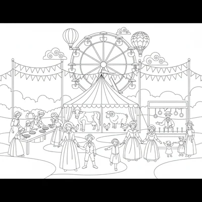 A country fair scene with a livestock tent showing prize animals, a pie-eating coloring page