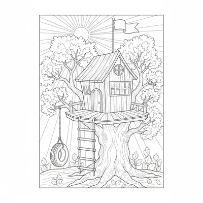 A cozy treehouse built into a large oak tree, its wooden platform floor coloring page