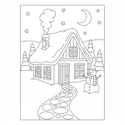 A cozy winter cottage at night with lit windows, smoke rising from the chimney coloring page