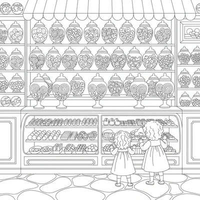 A crowded candy shop interior with rows of tall glass jars filled coloring page