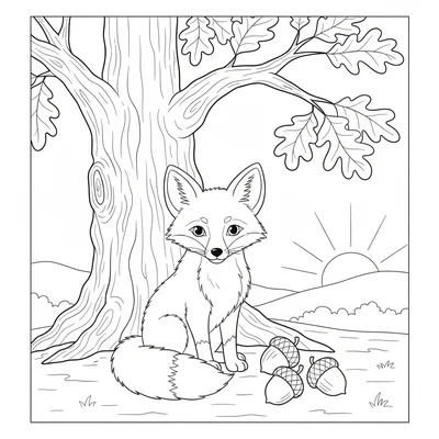 A curious fox kit sitting at the base of a large oak tree, its oversized ears coloring page