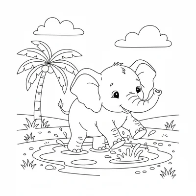 A cute baby elephant splashing in a shallow muddy puddle, water droplets flying coloring page
