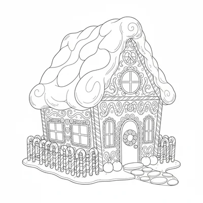 A decorated gingerbread house with piped icing decoration on every surface coloring page