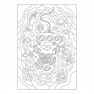 A deep-sea submersible exploring an underwater trench, its round porthole coloring page