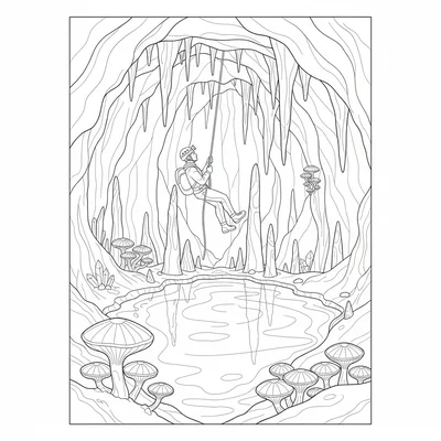 A deep underground cave system with a spelunker in helmet with headlamp coloring page