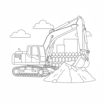 A digger excavator on a construction site, its large cab body with a wide boom coloring page