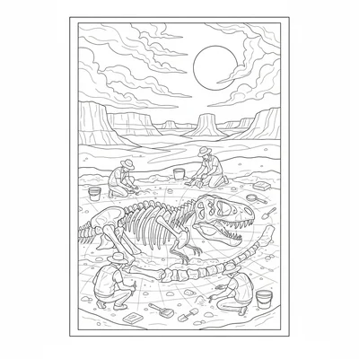 A dinosaur dig site with paleontologists excavating a large skeleton, exposed b… coloring page