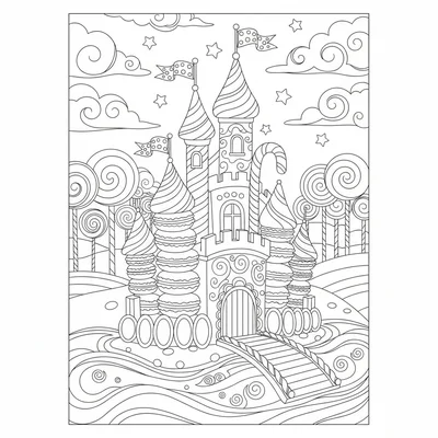 An enchanted candy kingdom castle with turrets made of giant candy canes, walls coloring page