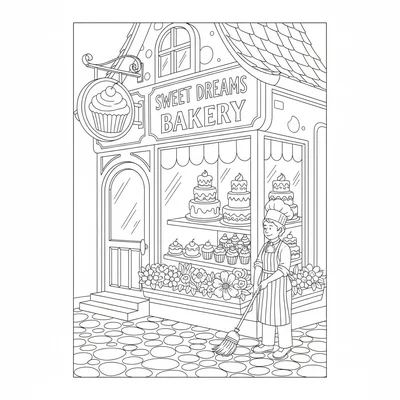 A fairy tale cake shop on a cobblestone street with a round sign shaped like coloring page