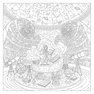 A fantastical library of the universe with spiral galaxy shelves holding coloring page