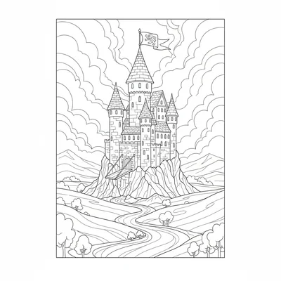 A fantasy castle overlooking a valley, its tall stone towers with pointed coloring page