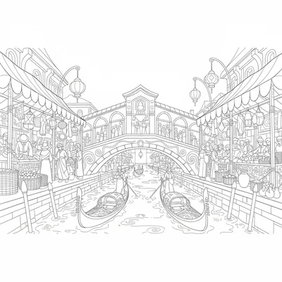 A fantasy market bridge scene spanning a wide canal with vendor booths lining coloring page
