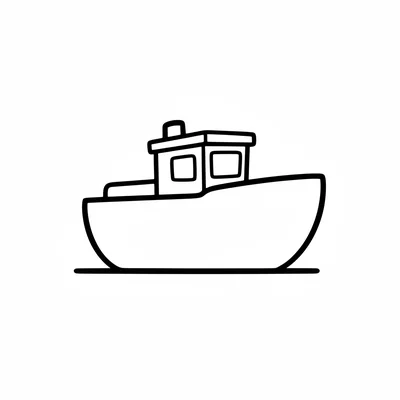 A fat little boat floating on a simple flat water line, its wide rounded hull coloring page