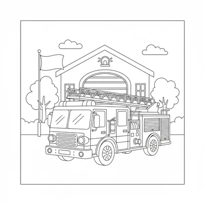 A fire truck parked in front of a simple firehouse building, its long red body coloring page