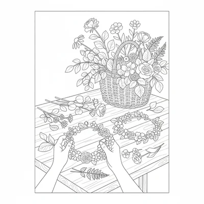A flower crown being crafted, two hands in the foreground weaving together coloring page