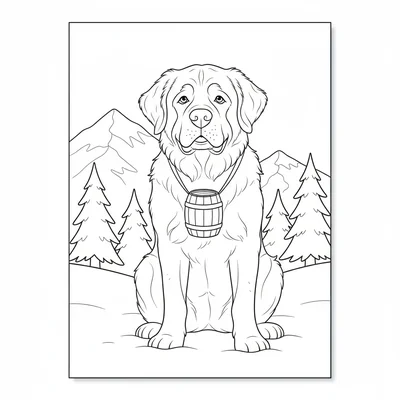 A fluffy St. Bernard dog sitting in a mountain snow scene wearing a small coloring page