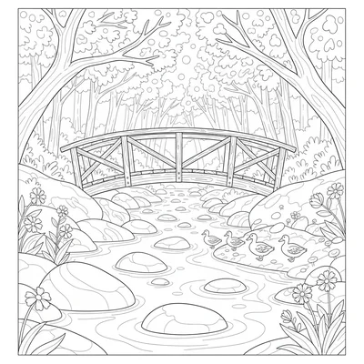 A forest stream scene with a wooden footbridge crossing it, large smooth rocks coloring page