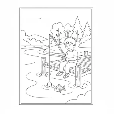 A freshwater river with a wooden dock, a child sitting at the end coloring page