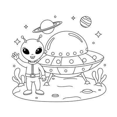 A friendly alien standing next to its saucer-shaped spaceship, one coloring page