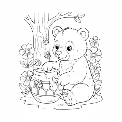 A friendly bear cub sitting beside a round honeypot with bees flying around it coloring page