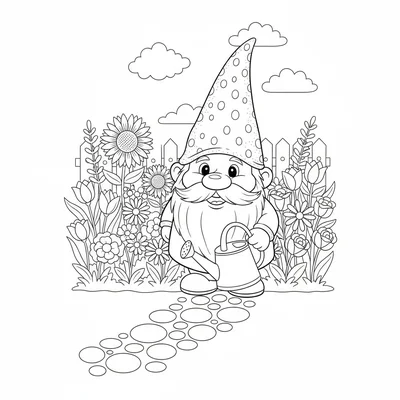 A friendly garden gnome holding a watering can beside a large flower bed, its coloring page