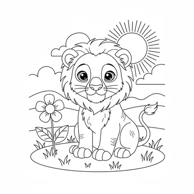A friendly lion cub sitting in a sunny patch of grass, its mane just beginning coloring page