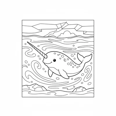 A friendly narwhal swimming below the surface of an icy arctic sea, its long coloring page