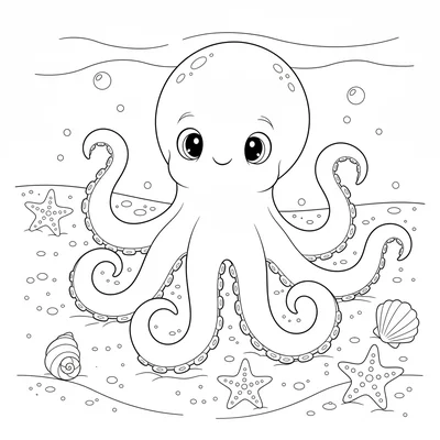 A friendly octopus sitting on the sandy ocean floor, its round body on top coloring page