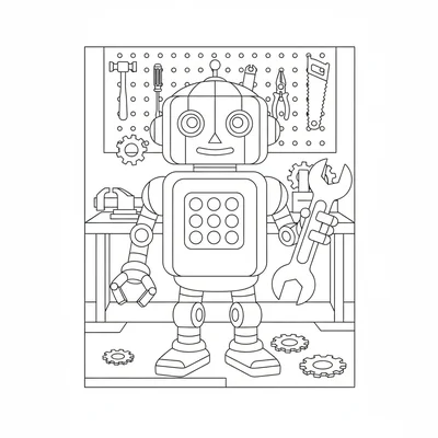 A friendly robot standing in a simple workshop holding a large wrench, its coloring page