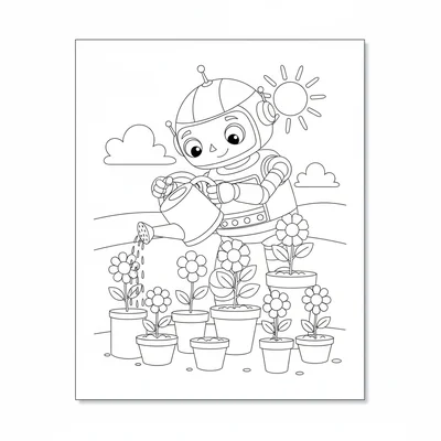 A friendly robot watering a garden of colorful flowers from a large can, its coloring page