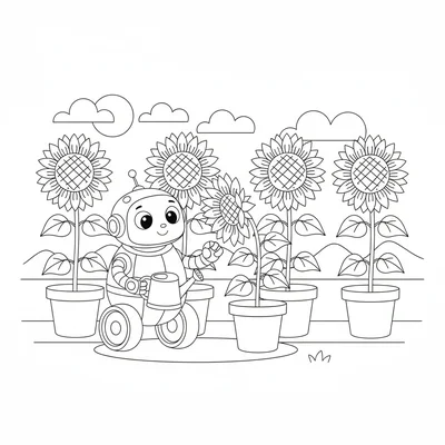 A friendly robot watering a row of potted sunflowers, its round body balanced coloring page