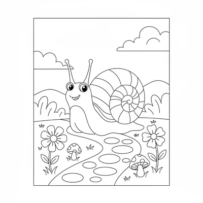 A friendly snail moving slowly along a garden path with a large spiraling shell coloring page