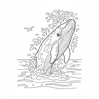 A friendly whale breaching the ocean surface, its large spotted body half out coloring page