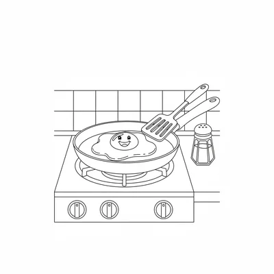 A frying pan on a stove burner with a happy egg sunny-side up sizzling inside coloring page