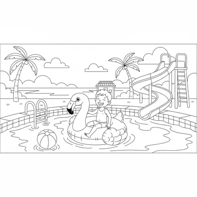 A fun outdoor pool scene with a round inflatable flamingo float with a child coloring page