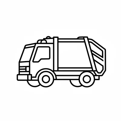 A simple garbage truck facing the viewer from the side, its large boxy body coloring page