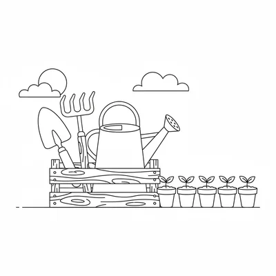 A garden trowel, rake, and watering can arranged side by side in a wooden crate coloring page