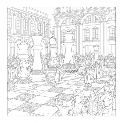 A giant chess match in a public square with oversized chess coloring page