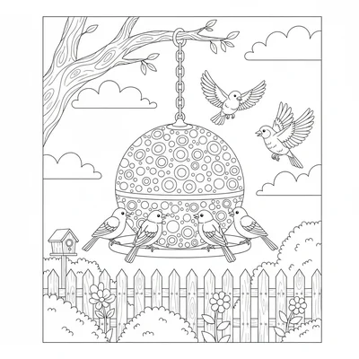 A giant round sunflower seed bird feeder hanging from a tree branch, several coloring page