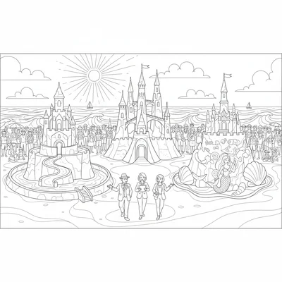 A giant sandcastle competition on a beach, three decorated sandcastles side coloring page