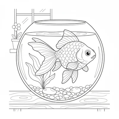 A goldfish swimming in a round fishbowl, its flowing fins and round body coloring page