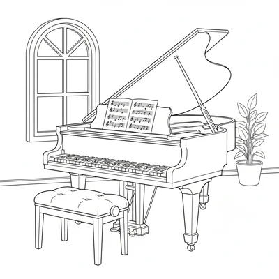 A grand piano with its lid propped open, a few pages of sheet music coloring page