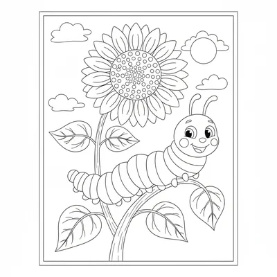 A happy caterpillar in a rainbow striped pattern of colors running along its coloring page